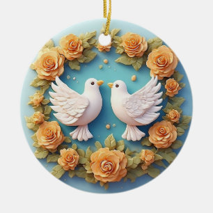 Two White Doves Amidst a Floral Pattern Ceramic Tree Decoration