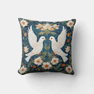 Two White Doves Amidst a Floral Pattern Cushion