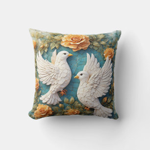 Two White Doves Amidst a Floral Pattern Cushion