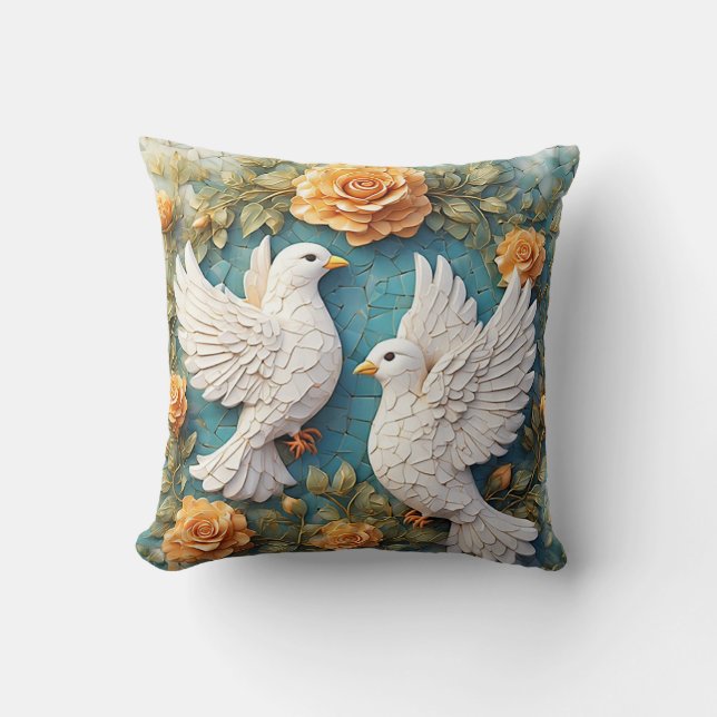 Two White Doves Amidst a Floral Pattern Cushion (Front)