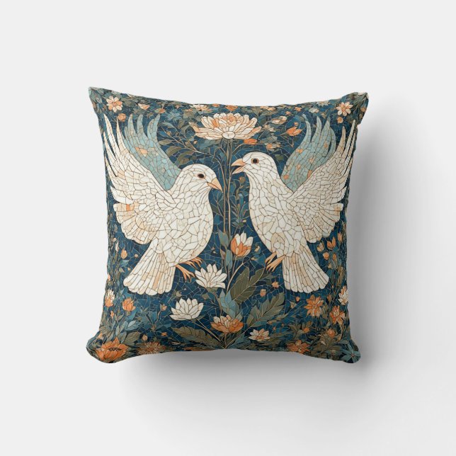 Two White Doves Amidst a Floral Pattern Cushion (Front)