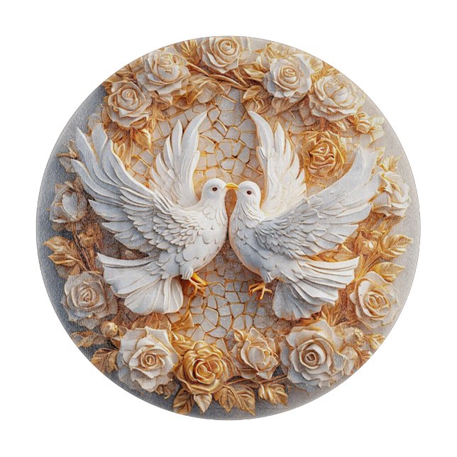 Two White Doves Amidst a Floral Pattern Cutting Board (Front)