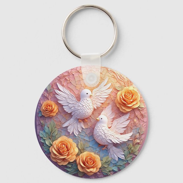 Two White Doves Amidst a Floral Pattern Key Ring (Front)