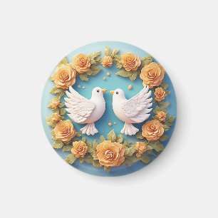 Two White Doves Amidst a Floral Pattern Magnet