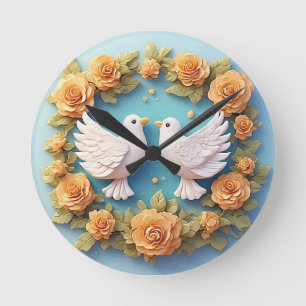 Two White Doves Amidst a Floral Pattern Round Clock