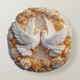 Two White Doves Amidst a Floral Pattern Round Cushion