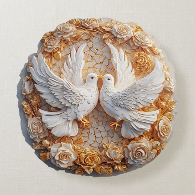 Two White Doves Amidst a Floral Pattern Round Cushion (Front)