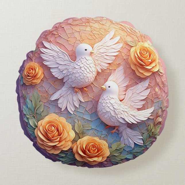 Two White Doves Amidst a Floral Pattern Round Cushion (Front)