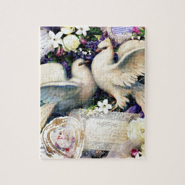 Two White Doves Birds Flowers Vintage Jigsaw Puzzle (Vertical)