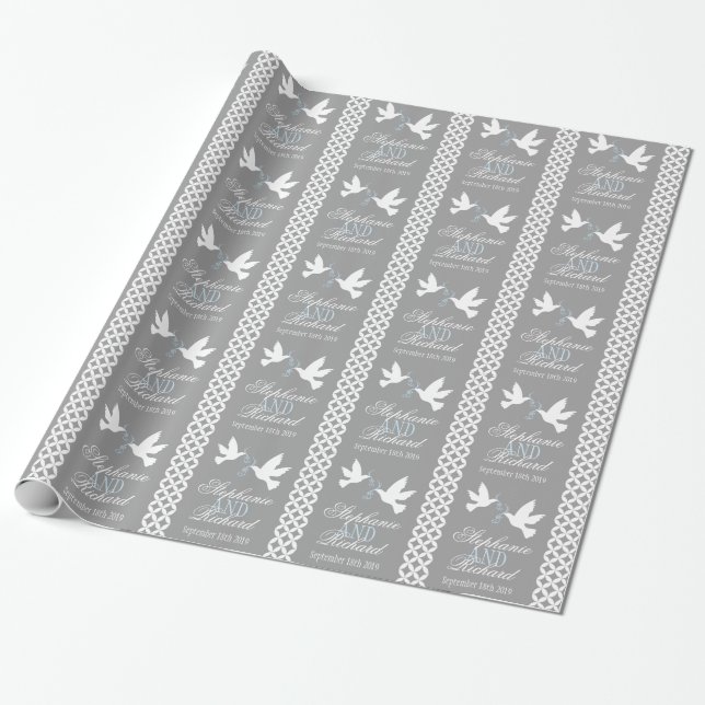Two white doves grey wedding gift wrapping paper (Unrolled)