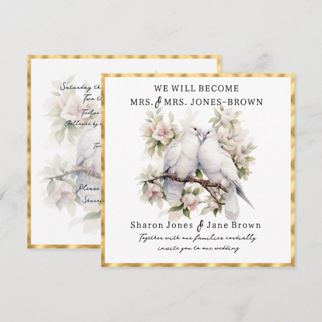 Two White Doves Lesbian Wedding Invitation (Front/Back)