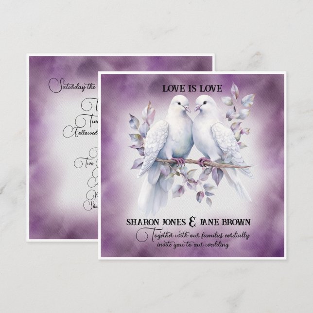 Two White Doves Lesbian Wedding Invitation (Front/Back)