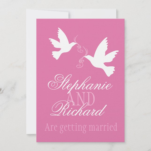 Two white doves pink ribbon formal wedding invite (Front)