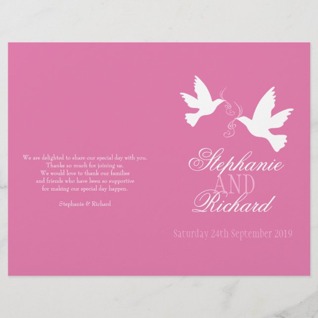 Two white doves pink ribbon Wedding Programme (Front)