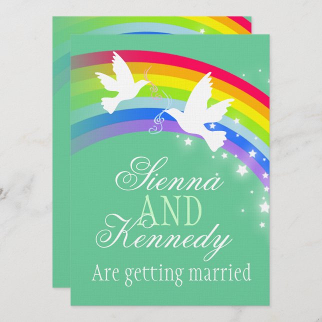 Two white doves rainbow wedding green colour invit invitation (Front/Back)