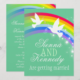 Two white doves rainbow wedding green colour invit invitation
