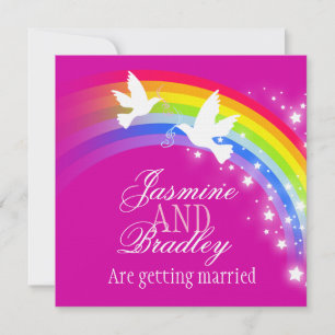 Two white doves rainbow wedding square invite