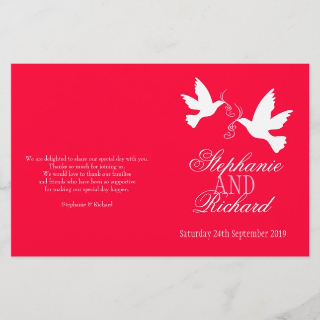 Two white doves red pink ribbon Wedding Programme (Front)