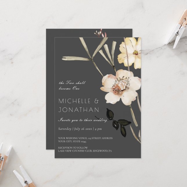 Two White Flowers on Grey Modern Christian Wedding Invitation (Front/Back In Situ)