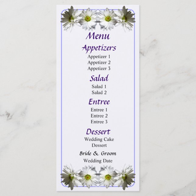 Two White Frilly Daisies Wedding Menu (Front)