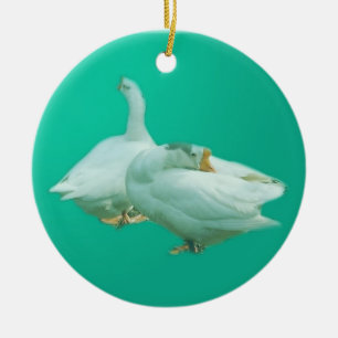 two white geese in blue background ceramic tree decoration