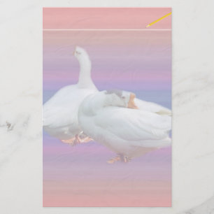 two white geese in fancy  background stationery