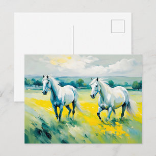 Two White Horses Running Through Yellow Flowers Postcard