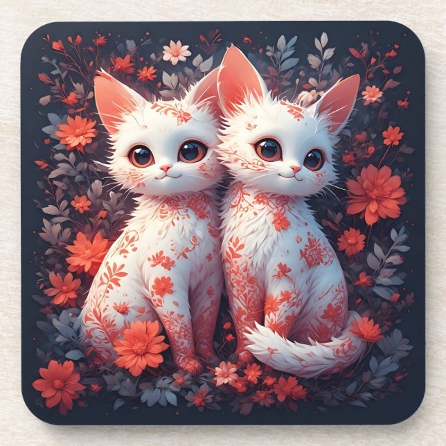 Two White Kittens and flowers Coaster (Front)