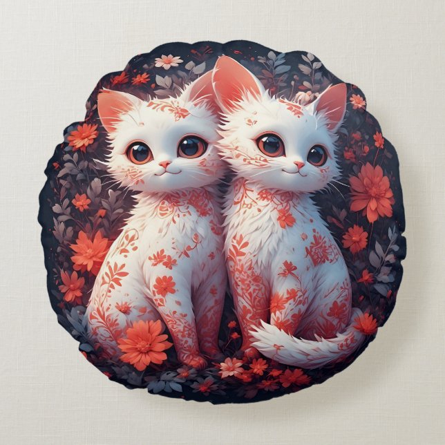 Two White Kittens and flowers Round Cushion (Front)