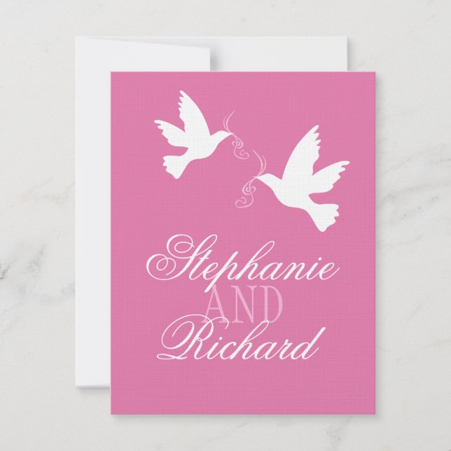 Two white love birds pink formal wedding RSVP (Front)