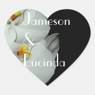 Two White Orchids Personalised Wedding Heart Sticker