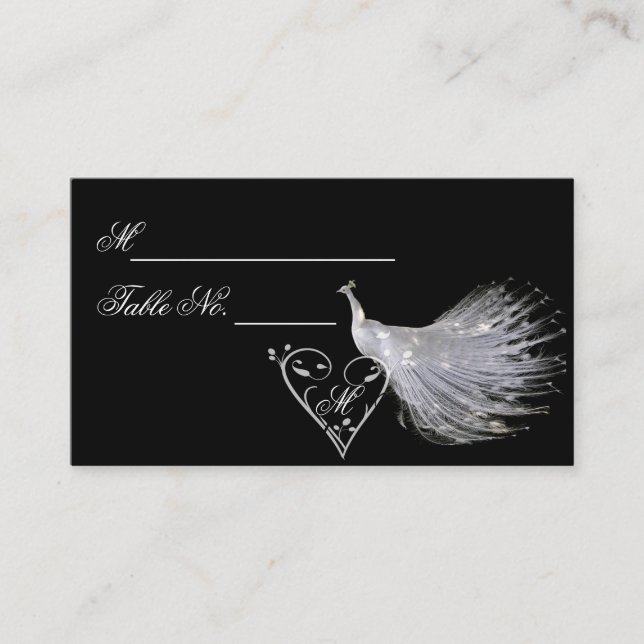 Two White Peacocks and Heart Monogram Place Card (Front)