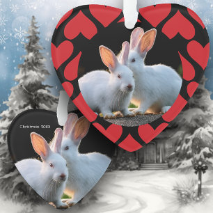 Two White Rabbits with Red Hearts Holiday Ornament