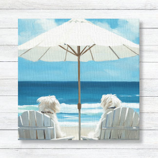 Two White Terriers Relaxing on Beach - Kids Canvas Print
