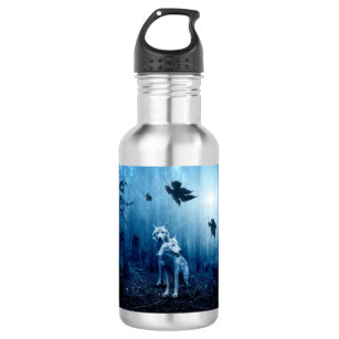 Two white wolves in the wild forest 532 ml water bottle