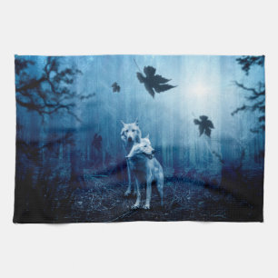 Two white wolves in the wild forest tea towel