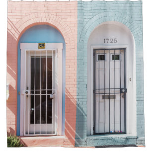 TWO WHITE WOODEN DOORS WITH GRILLS SHOWER CURTAIN