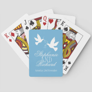 Two whites dove blue wedding name playing cards