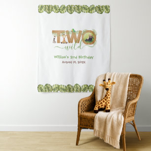 Two Wild 2nd Birthday Jungle Leaves Photo Backdrop Tapestry