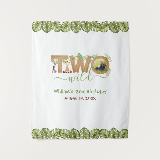 Two Wild 2nd Birthday Jungle Leaves Photo Backdrop Tapestry (Front)