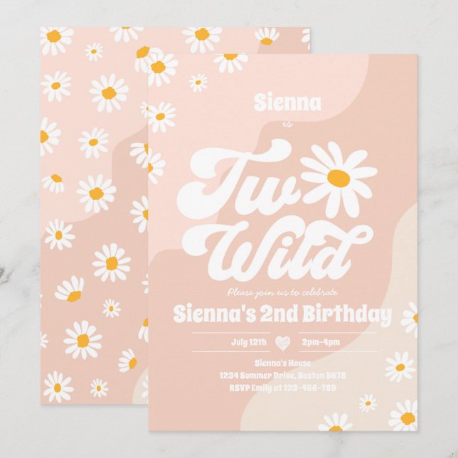Two Wild 2nd Birthday Party Boho Floral Daisy Invitation (Front/Back)