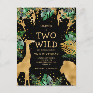 Two Wild 2nd Birthday Party Green Gold Black Postcard