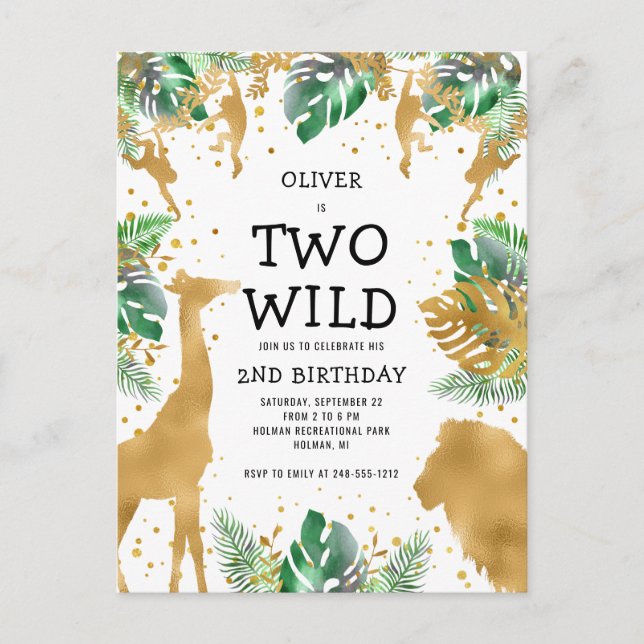 Two Wild 2nd Birthday Party Green Gold Safari Postcard (Front)