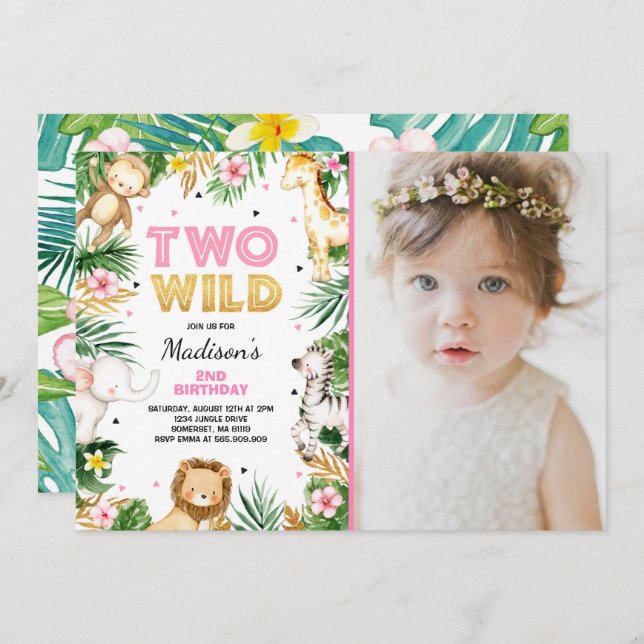Two Wild 2nd Birthday Party Safari Animals Party Invitation (Front/Back)