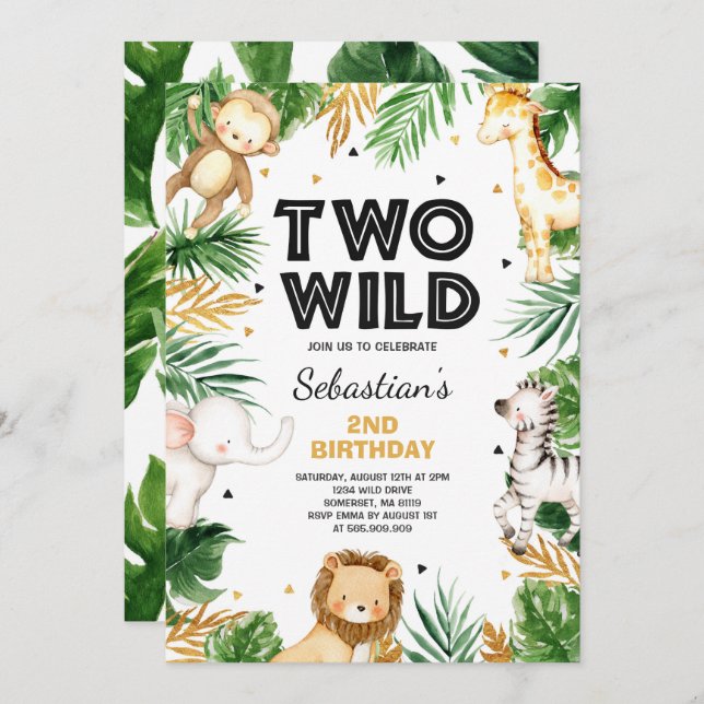 Two Wild 2nd Birthday Party Safari Animals Party Invitation (Front/Back)