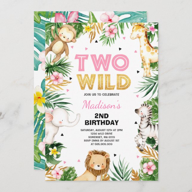 Two Wild 2nd Birthday Party Safari Animals Party Invitation (Front/Back)