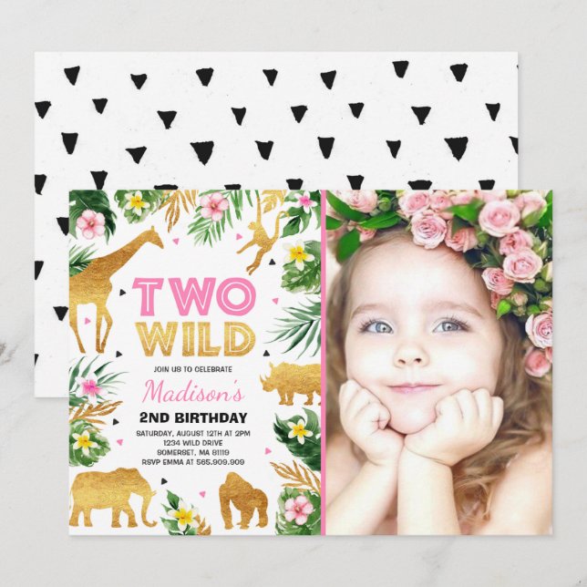 Two Wild 2nd Birthday Party Safari Animals Party Invitation (Front/Back)