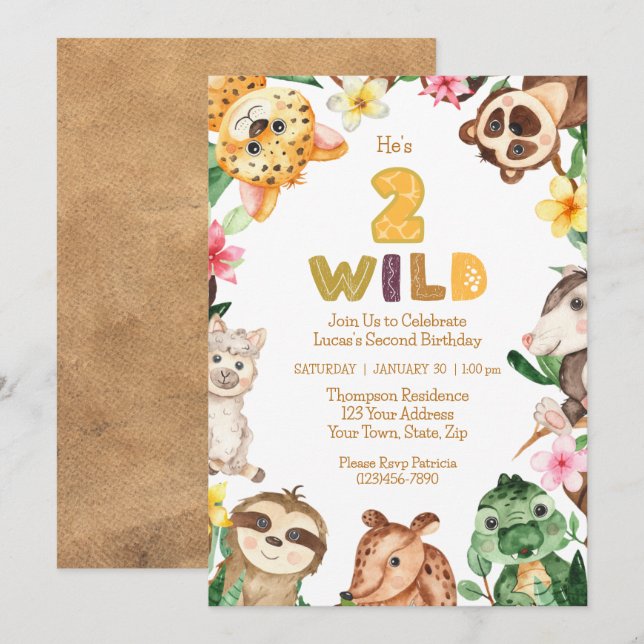 Two Wild 2nd Birthday Party Safari Animals Party  Invitation (Front/Back)