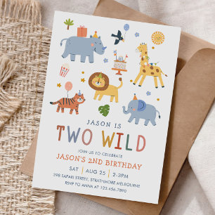 Two Wild 2nd Birthday Safari Animals Cute Invitation