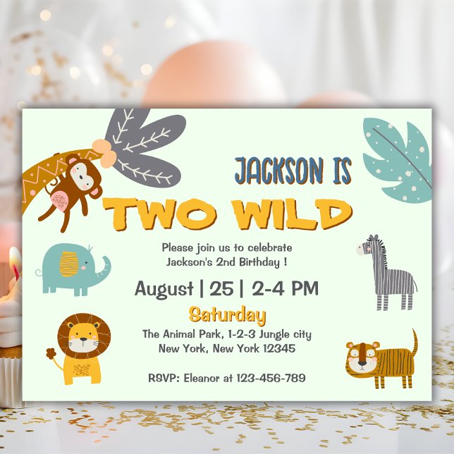 Two Wild 2nd Birthday Safari Animals Cute Invitation (two wild safari animals birthday party invitation)